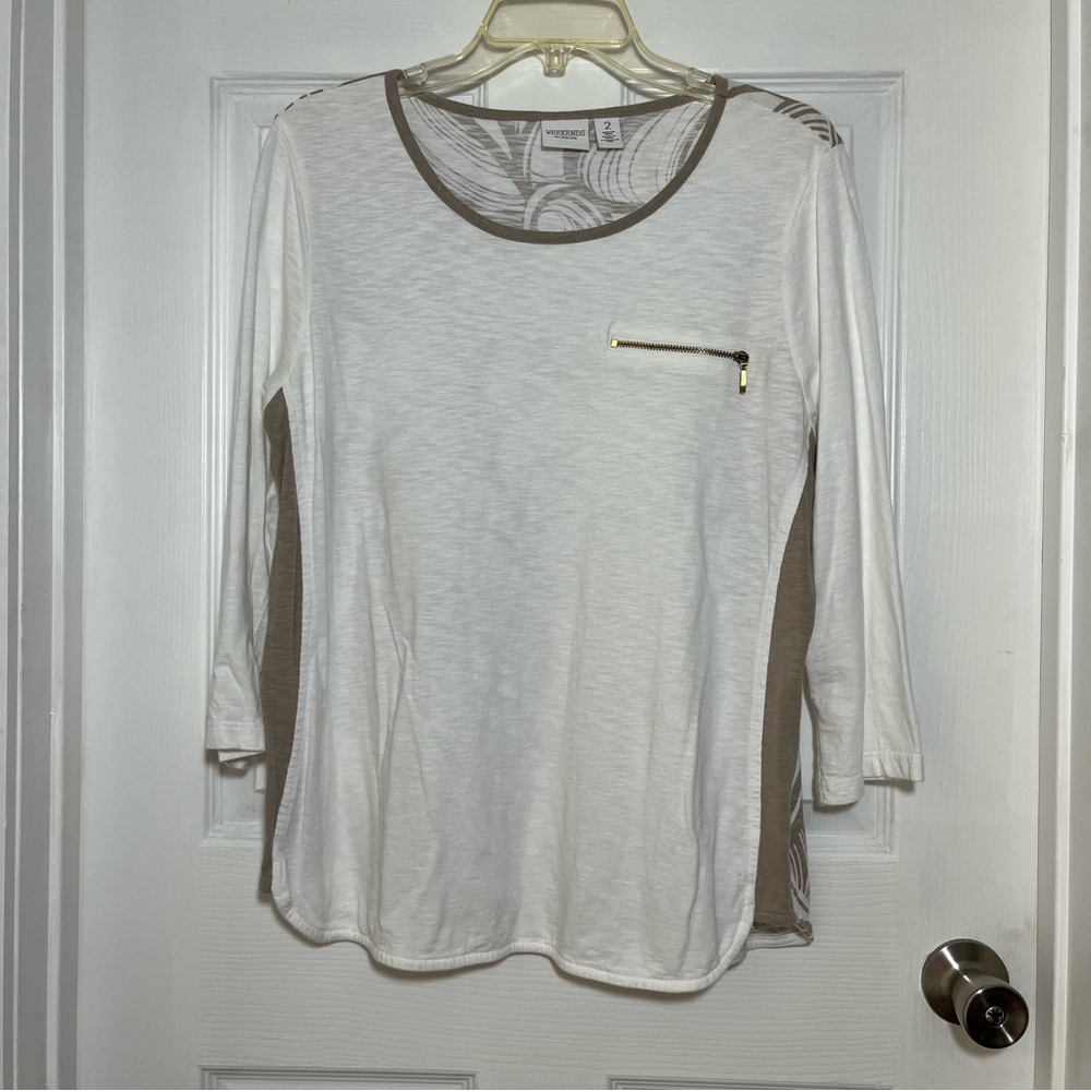 Weekends by Chico's White and Tan Blouse with Zipper Detail